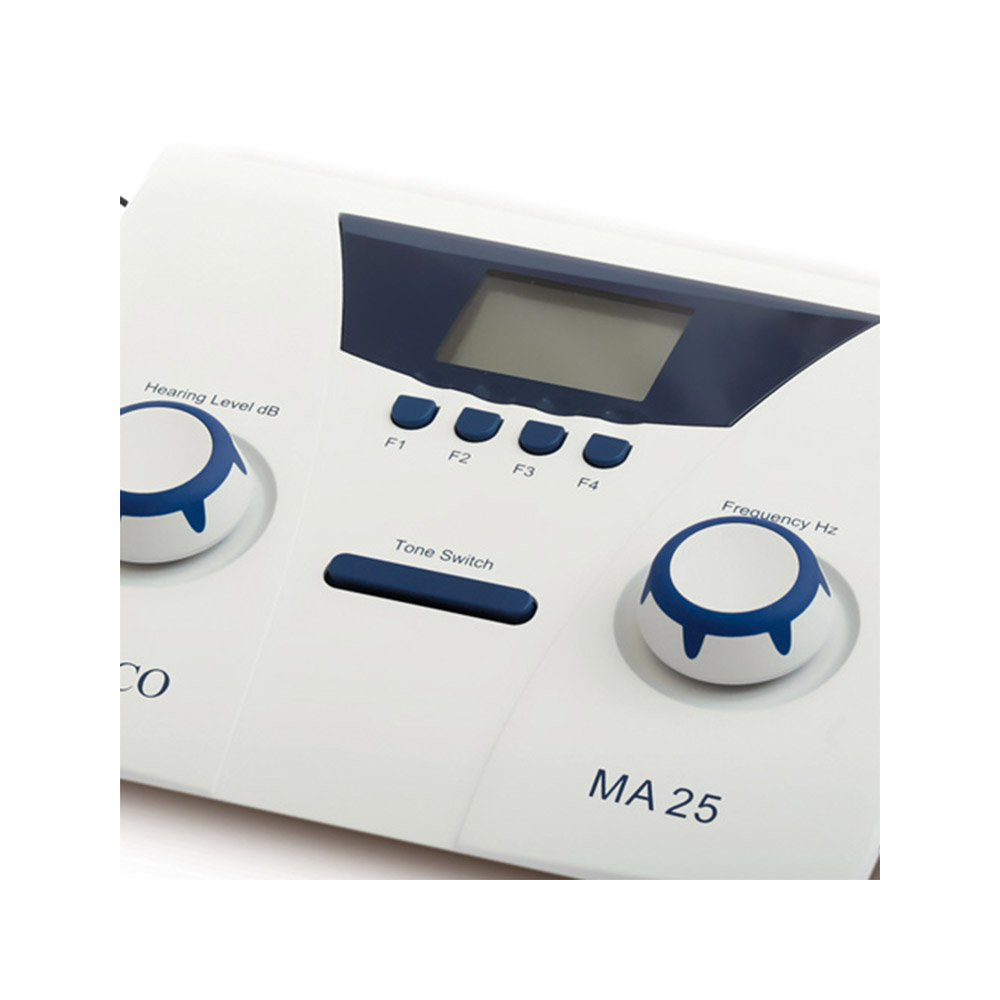 Das Gerät verfügt über große Drehknöpfe zur Einstellung von Pegel und Frequenz Audiometer Maico MA 25