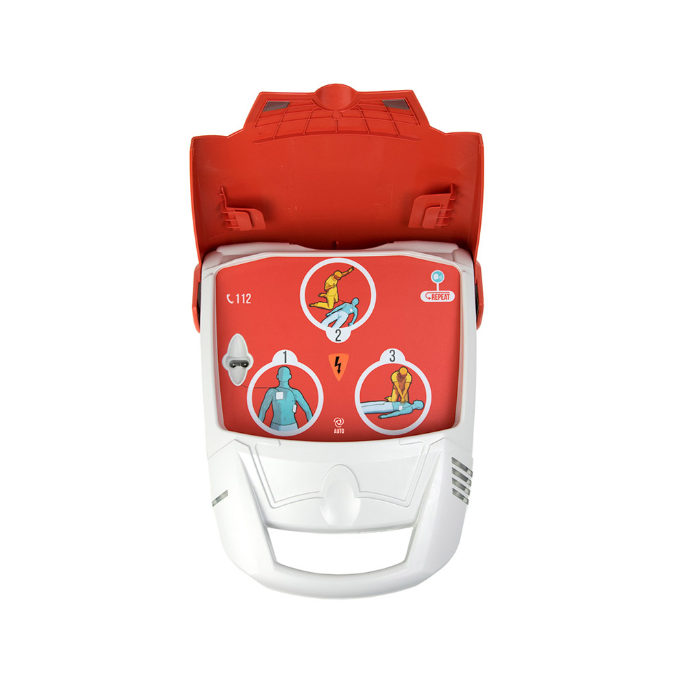 Der AED schaltet sich automatisch ein, wenn der Deckel aufgeklappt wird Schiller FRED PA-1